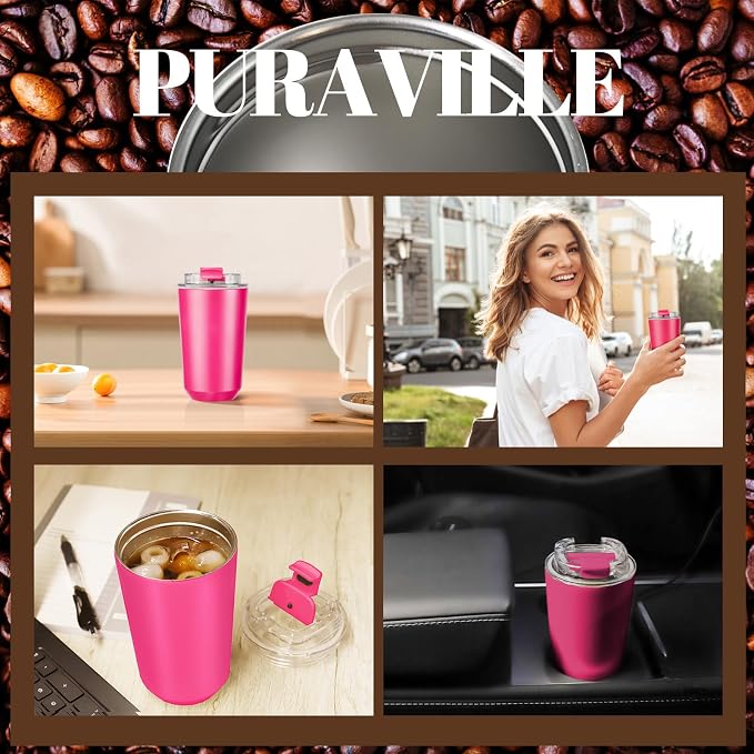 Puraville Insulated Tumblers with Lid, 14 oz Travel Coffee Mug Stainless Steel Vacuum Cup, Leak Proof Reusable Double Walled Coffee Tumbler for Iced and Hot Drinks, Fuchsia - Image 7
