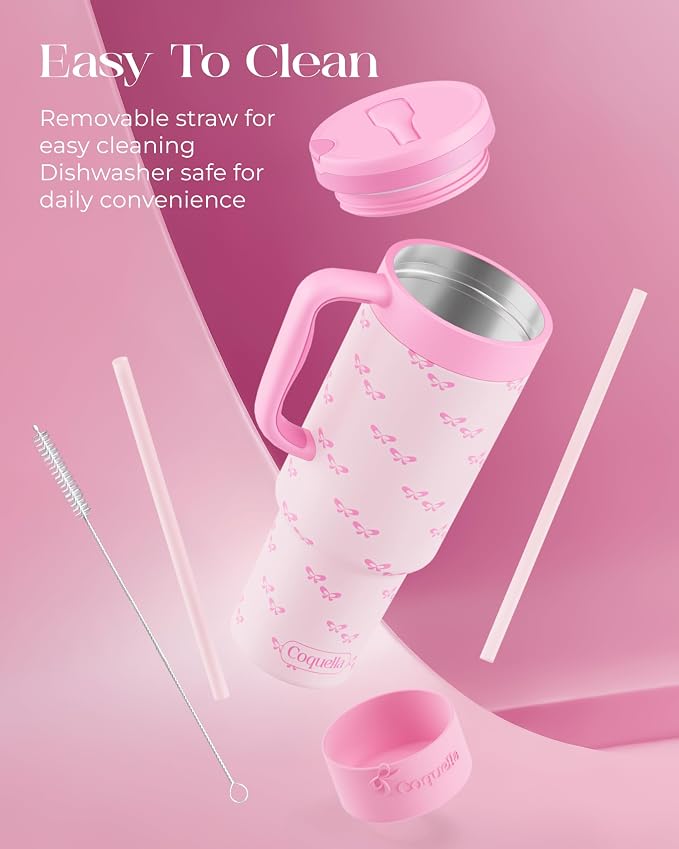 40 oz Insulated Tumbler with Handle and Push-Button Straw Lid, Stainless Steel Travel Cup for Gym Office Leakproof, BPA-Free, Cup Holder Friendly, Bow Silicone Boot, Pink (Coquette Bubblegum) - Image 6