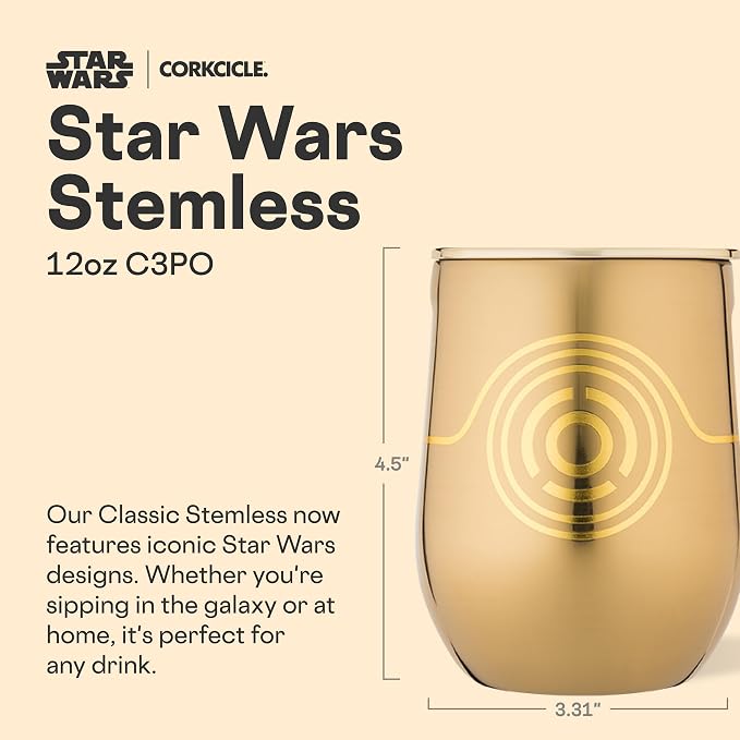 Corkcicle Stemless Insulated Wine Glass Tumbler - Beverages Cold 6 Hours & Hot 3 Hours - Stainless Steel - Easy-Grip - Summer Drinkware Gift - Keeps Drinks Ice - 12 oz - C-3PO - Image 2