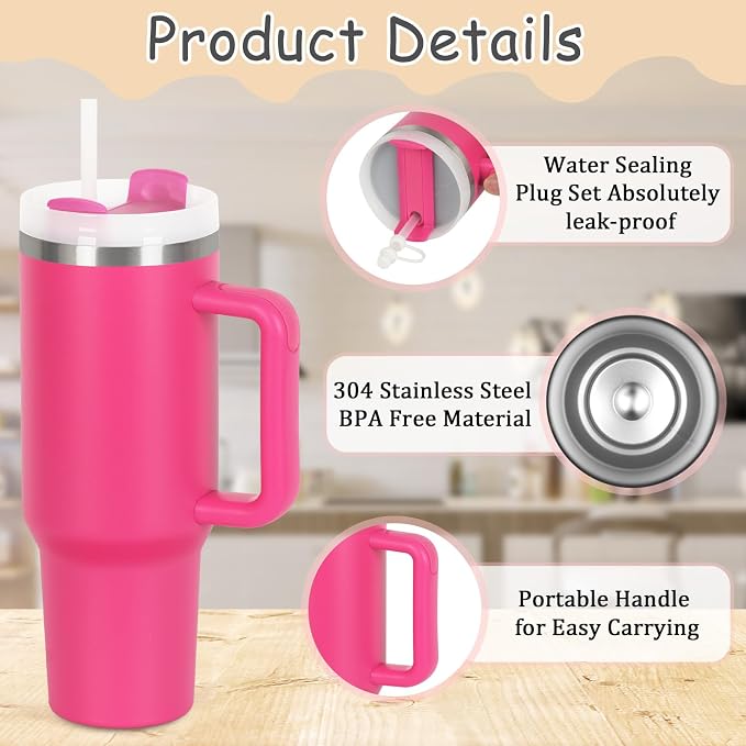 4 Pack 40 Oz Tumblers with Handle Bulk, Double Wall Vacuum Insulated Stainless Steel Tumblers with Lid and Straw, 40 oz Cup with Silicone Spill Proof Stopper Set (Black-2,Hot Pink-2) - Image 2
