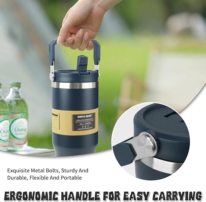 30oz Flip Straw Insulated Water Bottle with Handle, Leak Proof Stainless Steel Tumbler, Double Wall Vacuum Travel Coffee Mug for Cold Drinks, Gym Office Travel Essentials - Image 4