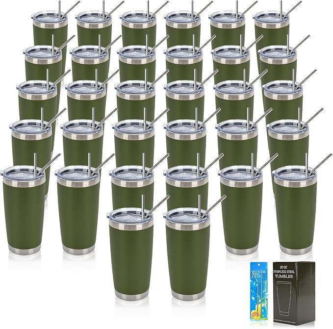 IEOVIEE 32 Pack, 20oz Stainless Steel Bulk Tumblers with Lids and Straws, Double Wall Insulated Travel Coffee Mug, Durable Powder Coated Tumbler Bulk Cup for Cold and Hot Drinks(Army Green) by IEVOIEE