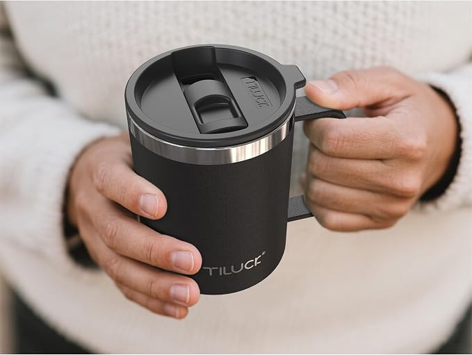 TILUCK 12 oz Insulated Coffee Mug with Lid, Double Wall Vacuum Insulated Travel Mug Cup with Handle for Hot or Cold Drinks（12oz，Matte Black） - Image 4