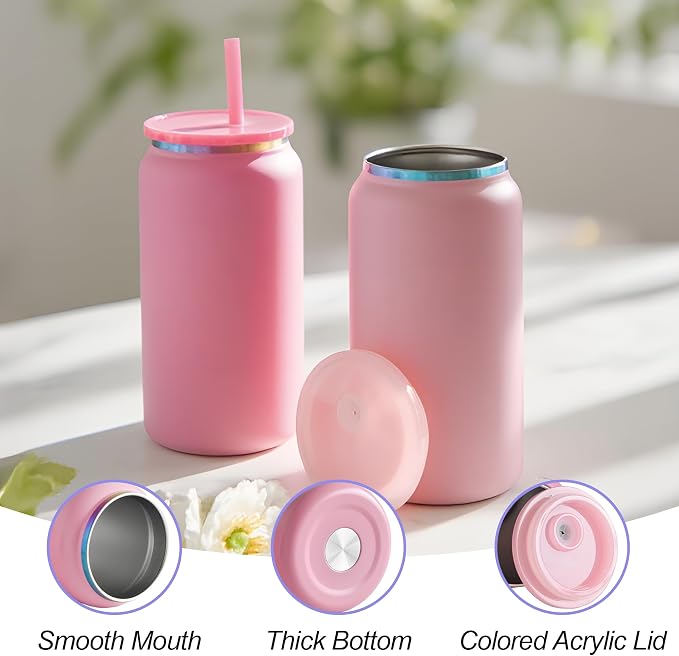 6 Pack Glass Cups with Lids and Straws Unbreakable 16 oz Stainless Steel Can Cup Double Wall Insulated Beer Can Tumbler for Iced Coffee, Juice, Soda, Matte-Colored - Image 6
