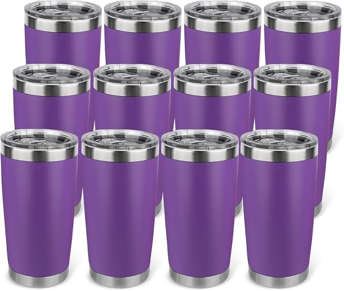 20oz Stainless Steel Tumbler Bulk with Lid, Travel Mug - Double Wall Vacuum Powder Coated Cup - Purple, 12 Pack by Unknown