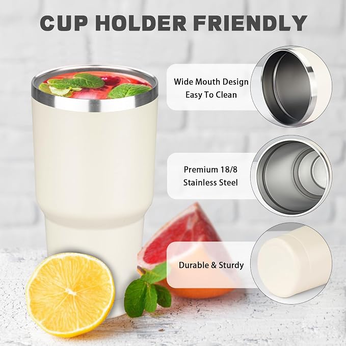 30 oz Tumbler with Lids and Straws, Stainless Steel Insulated Coffee Tumbler, Double Wall Vacuum Insulated Travel Mug Cup, Leakproof Thermal Coffee Cup for Hot and Cold Drinks (Cream) - Image 3