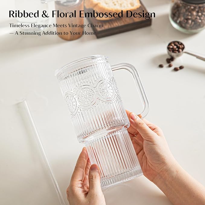 INSETLAN 26oz Ribbed & Floral Glass Tumblers with Handle and Lid, Set of 2 –Reusable Iced Coffee Cups with Straw, Glass Mugs for Water, Smoothies, Tea, and Juice – Ideal for Travel & Daily Use - Image 4
