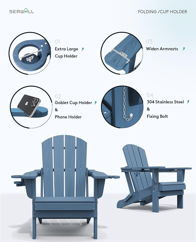 SERWALL Folding Adirondack Chair, HDPE Adirondack Chairs Set of 6, Plastic - Image 8