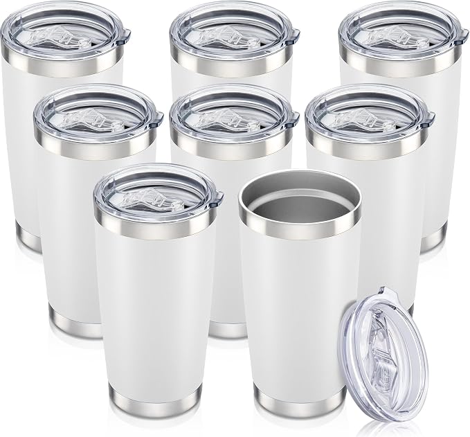 20 oz Tumbler with Lid Stainless Steel Insulated Tumblers Bulk Double Wall Vacuum Cups Powder Coated Travel Mug Keep Drink Cold and Hot, White, 8 Pack by Orebigo