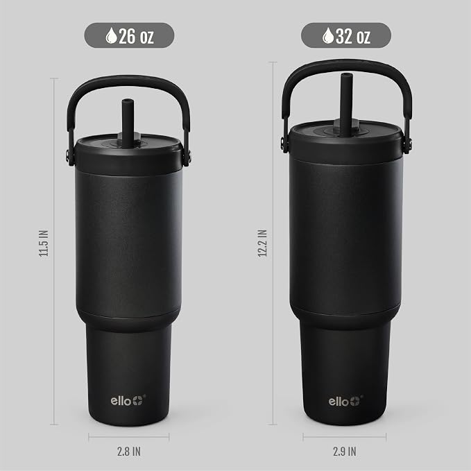 Ello Oasis Go+ 26oz Tumbler with Top Handle and Retracting Straw | Reusable Insulated Stainless Steel Cup, 100% Leakproof Water Bottle, 24 Hours Cold, Cup Holder Friendly For Travel | Black - Image 7