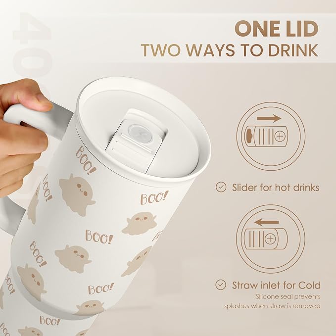 SANDJEST Boo Tumbler with Handle and Straw 40oz – Stainless Sleel Slider Tumbler Travel Coffee Mug for Women - Gift Idea for Fall Autumn Halloween Christmas - Image 4