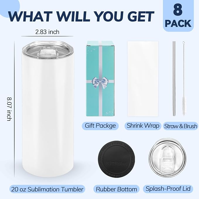 D·S 8 Pack Sublimation Tumblers 20 oz Bulk Skinny Straight Flat Bottom Blank Tumbler Cups with Individual Gift Boxed for Heat Transfer DIY Craft - Image 2