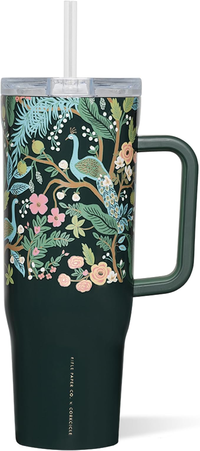 Corkcicle x Rifle Paper Co. Cruiser Insulated Tumbler with Handle & Straw - Keeps Drinks Cold 20 Hours - BPA-Free - Gift for Mom - Great for Mother's Day or Christmas - 40 oz - Peacock Blue by Corkcicle
