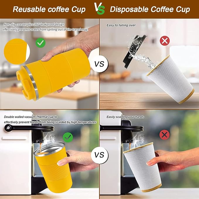 YINBAOGE Insulated Travel Coffee Mug, Spill & Leak Proof, Portable To Go Camping Stainless Steel Coffee Tumbler, Reusable Thermal Coffee Cup with Lid for Hot & Cold Drinks (Yellow, 17 OZ) - Image 5