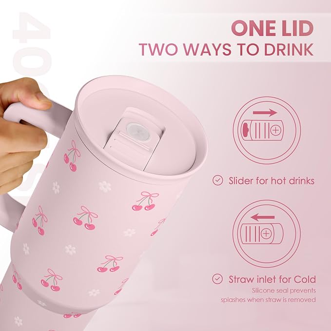 Cherry 40oz Slider Tumbler with Handle and Straw - Insulated Stainless Steel Travel Coffee Mug for Women Girls, Gift for Birthday Christmas - Image 4