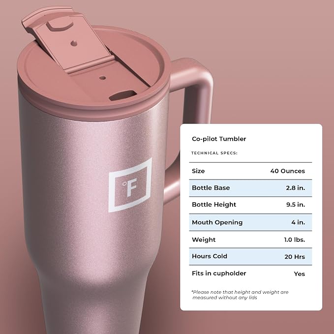 IRON °FLASK Co-Pilot Insulated Mug w/Straw & Flip Cap Lids - Cup Holder Bottle for Hot, Cold Drink - Leak-Proof - Water, Coffee Portable Travel Mug - Rose Gold, 40 Oz - Image 9
