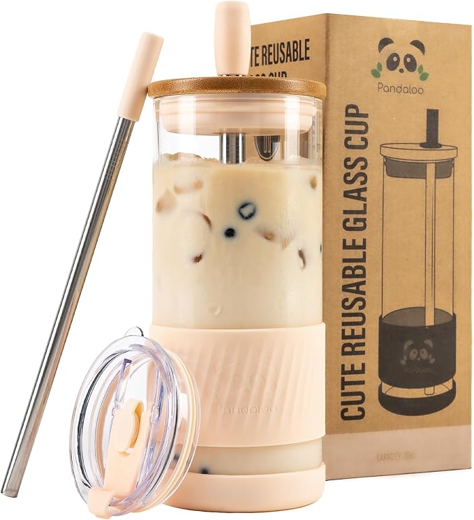 Pandaloo® Glass Cups With Lids and Straws -20 Fl Oz- Perfect Size Iced Coffee Cup - Smoothie Cup With Bamboo Lid and On the go Lid - Glass Tumbler With Straw (1 Count (Pack of 1), Vanilla Cream) by Pandaloo