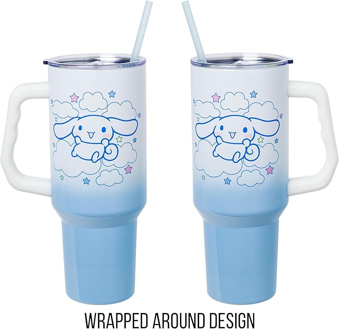 Silver Buffalo Sanrio Hello Kitty and Friends Featuring Cinnamoroll in Stars and Clouds Double Walled Stainless Steel Tumbler with Handle and Straw, Fits in Standard Cup Holder, 40 Ounces - Image 5