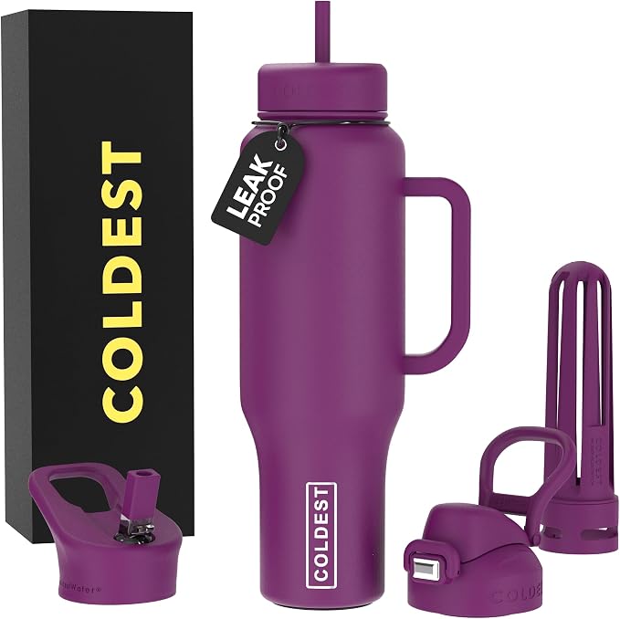 Coldest Tumbler with Handle and Straw - 100% Leak Proof Insulated Tumbler with Lid and Straw (3 Lids) - Stainless Steel Tumblers for Women & Men - Cup Holder Friendly Base, 46 oz (Purple Oasis) by Coldest