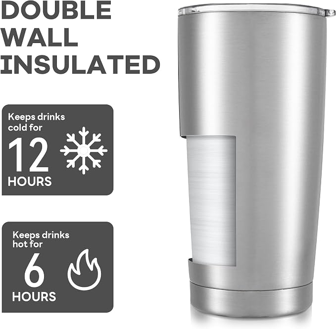 20 oz Tumbler with Lid Stainless Steel Double Wall Vacuum Insulated Tumblers Powder Coated Cups Travel Mug Keep Drinks Cold and Hot, Stainless Steel - Image 3