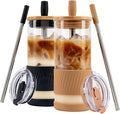 Pandaloo® Glass Cups With Lids and Straws -20 Fl Oz- Perfect Size Iced Coffee Cup - Smoothie Cup With Bamboo Lid and On the go Lid - Glass Tumbler (2 Count (Pack of 1), Amber Sand-Black Saphir) by Pandaloo