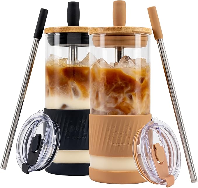 Pandaloo® Glass Cups With Lids and Straws -20 Fl Oz- Perfect Size Iced Coffee Cup - Smoothie Cup With Bamboo Lid and On the go Lid - Glass Tumbler (2 Count (Pack of 1), Amber Sand-Black Saphir) by Pandaloo