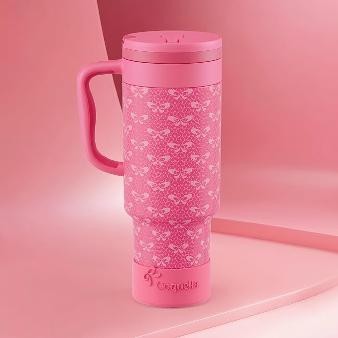 40 oz Insulated Tumbler with Handle and Push-Button Straw Lid, Stainless Steel Travel Cup for Gym Office, Leakproof, BPA-Free, Cup Holder Friendly, Bow Silicone Boot, Pink (Coquette Fuchsia) - Image 2