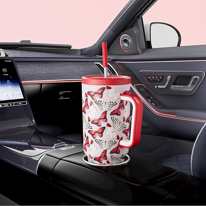 Meoky 40 oz Tumbler with Handle and Straw: Stainless Steel Insulated Tumbler with Lid and Straw - 100% Leak Proof Tumbler for Car Cup Holders - Travelers Commuters Workers, Red Butterfly - Image 5