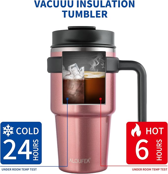 ALOUFEA 20 oz Insulated Coffee Mug Tumbler with Handle, Stainless Steel Travel Mug Tumbler with Lid and Straw,Double Wall Vacuum Leak Proof Ice Coffee Thermal Cup, Rose Gold - Image 4