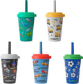 REDUCE GoGo's Kids Portable Tumbler Cups with Lids and Spill-Proof Straws - 5 Pack of Stackable 12 oz Tumblers with Twist-On Lids - Easy Storage, Dishwasher Safe - New Explorer by Reduce