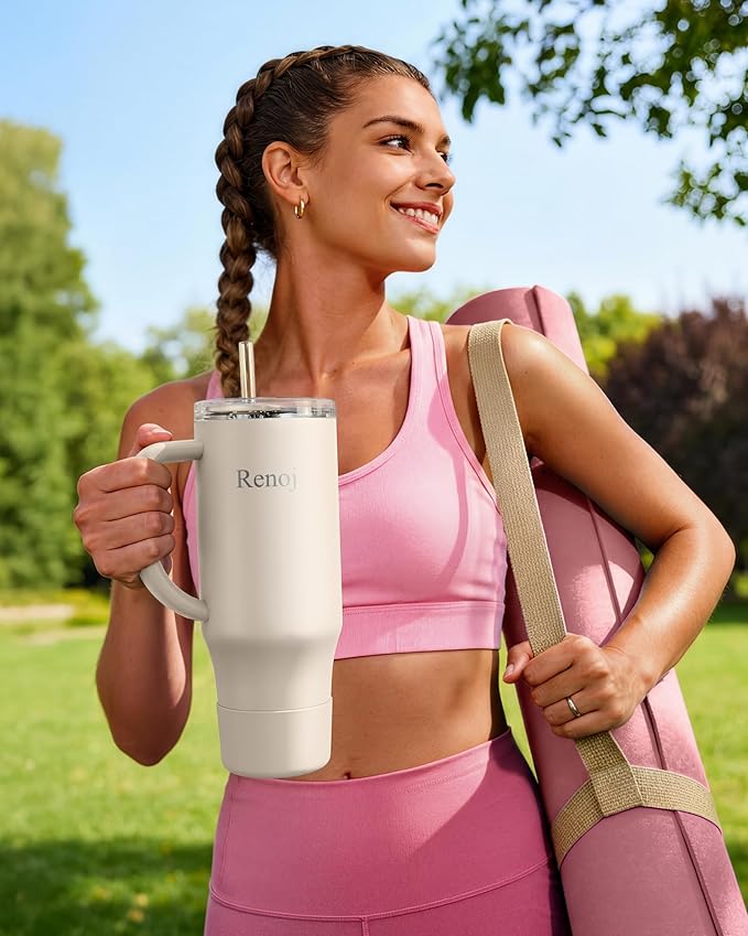 Renoj Insulated Mug 100% Spill Resistant Insulated Water Bottle for Iced Coffee & Hot Drinks - Fits Car Cup Holder, Ideal Gift, 2 Straws & Silicone Boot - FlexSlide White 40 oz - Image 3
