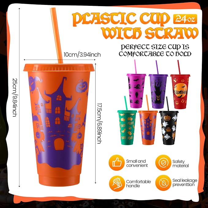 Honeydak 40 Pcs 24oz Halloween Tumblers Bulk Halloween Plastic Cups with Lids Reusable Water Bottle Iced Coffee Travel Mug Cup for Party Holiday Birthdays Goodie Bags Supplies - Image 4