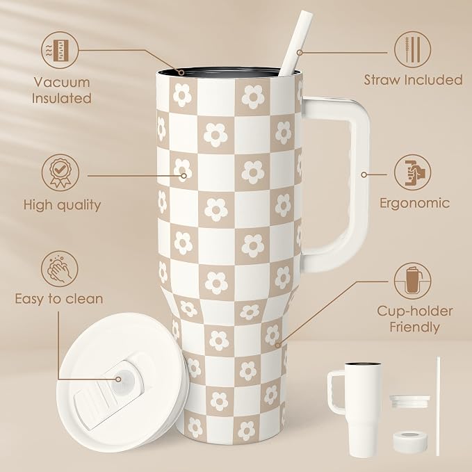 SANDJEST Checker Tumbler with Handle and Straw 40oz – Stainless Sleel Slider Tumbler Travel Coffee Mug for Women - Gift Idea for Birthday Christmas - Image 2