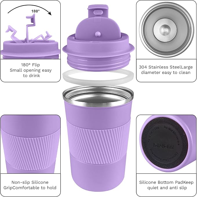 YINBAOGE Insulated Travel Coffee Mug, Spill & Leak Proof, Portable To Go Camping Stainless Steel Coffee Tumbler, Reusable Thermal Coffee Cup with Lid for Hot & Cold Drinks (Purple, 12 OZ) - Image 2