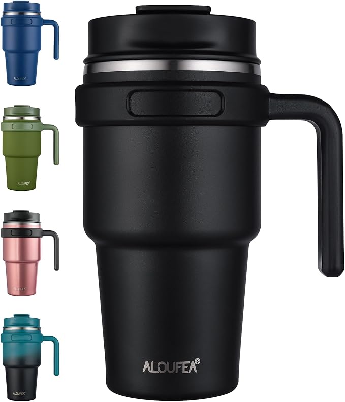 ALOUFEA 20 oz Insulated Coffee Mug Tumbler with Handle, Stainless Steel Travel Mug Tumbler with Lid and Straw,Double Wall Vacuum Leak Proof Ice Coffee Thermal Cup, Black by ALOUFEA