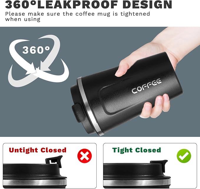 YINBAOGE Insulated Travel Coffee Mug, Spill & Leak Proof, Portable To Go Camping Stainless Steel Coffee Tumbler, Reusable Thermal Coffee Cup with Lid for Hot & Cold Drinks (2nd-Black, 12 OZ) - Image 5