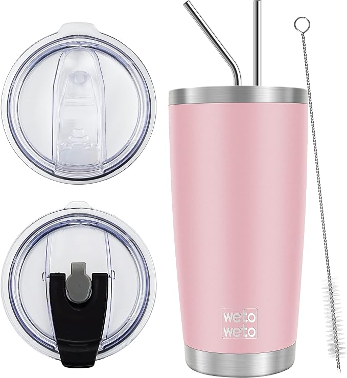WETOWETO 20oz Tumbler with 2 lids and 2 straws, Stainless Steel Vacuum Insulated Water Coffee Tumbler Cup, Double Wall Powder Coated Spill-Proof Travel Mug Thermal Cup (Ice Pink, 1 Pack) by Wetoweto