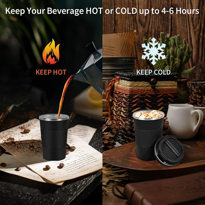 YINBAOGE Insulated Travel Coffee Mug, Spill & Leak Proof, Portable To Go Camping Stainless Steel Coffee Tumbler, Reusable Thermal Coffee Cup with Lid for Hot & Cold Drinks (Black, 12 OZ) - Image 6