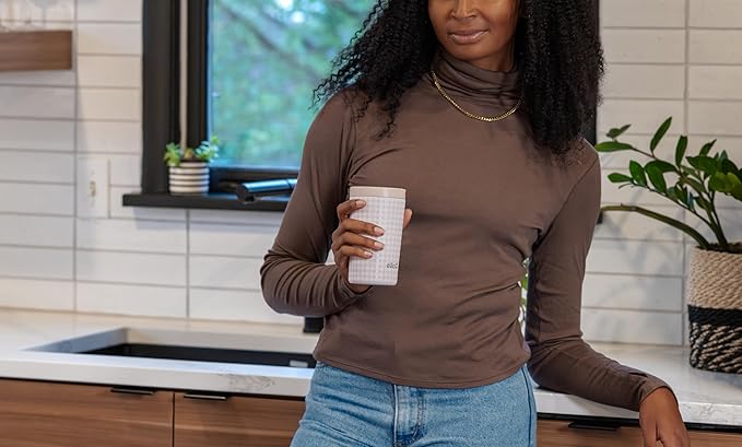 Ello Jones 11oz Insulated Stainless Steel Travel Mug with Leak-Proof Slider Lid, Single Serve Small Coffee Tumbler, Keeps Drinks Hot 3 Hours Cold 8 Hours, BPA-Free, Beige Gingham - Image 2