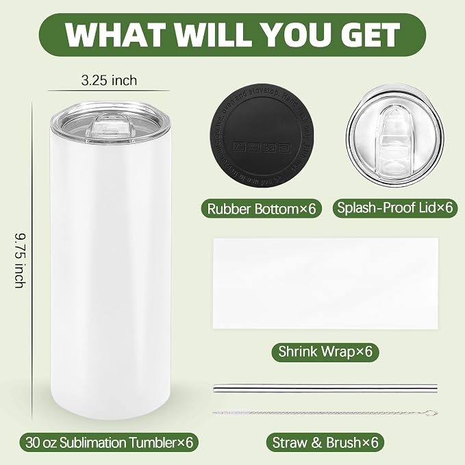 Joyclub Sublimation Tumblers 30 OZ Blank Tumblers for Sublimation Skinny Bulk Double Wall Insulated Cups with Individually Gift Boxed and Shrink Wrap Films for Heat Transfer 6 Pack - Image 2
