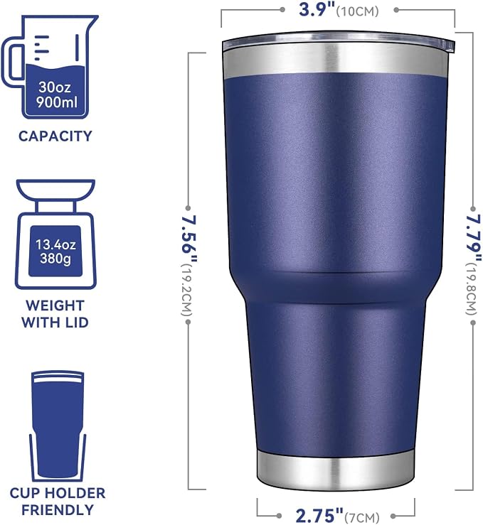 DOMICARE 30oz Tumbler Bulk with Lid and Straw, Double Wall Travel Coffee Mug, Insulated Vacuum Stainless Steel Tumblers, Powder Coated Tumbler Cup (Navy, 8) - Image 3