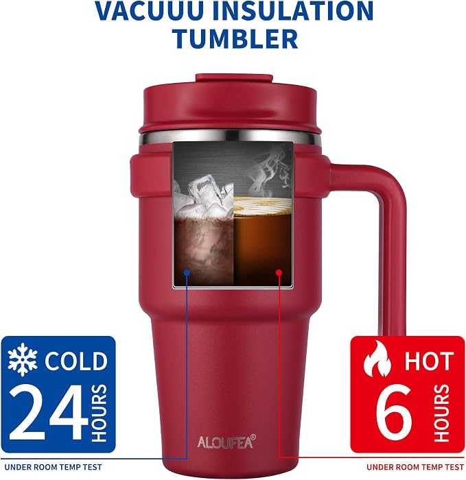 ALOUFEA 20 oz Insulated Coffee Mug Tumbler with Handle, Stainless Steel Travel Mug Tumbler with Lid and Straw,Double Wall Vacuum Leak Proof Ice Coffee Thermal Cup, Red - Image 4