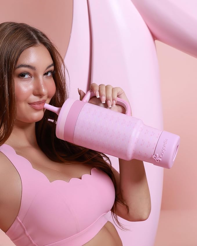 40 oz Insulated Tumbler with Handle and Push-Button Straw Lid, Stainless Steel Travel Cup for Gym Office, Leakproof, BPA-Free, Cup Holder Friendly, Bow Silicone Boot, Pink (Coquette Candy) - Image 7
