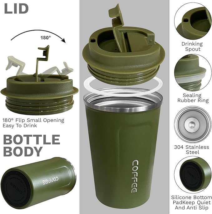 YINBAOGE Insulated Travel Coffee Mug, Spill & Leak Proof, Portable To Go Camping Stainless Steel Coffee Tumbler, Reusable Thermal Coffee Cup with Lid for Hot & Cold Drinks (2nd-Green, 17 OZ) - Image 2