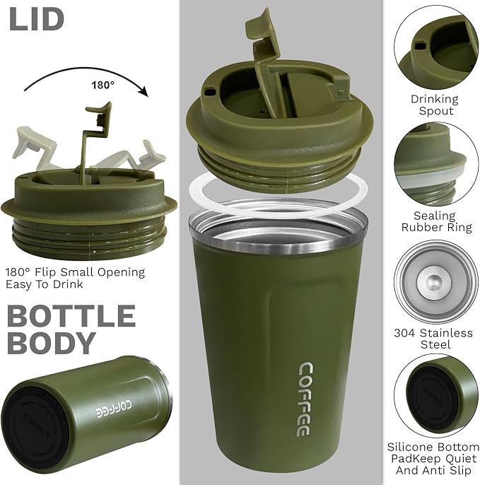 YINBAOGE Insulated Travel Coffee Mug, Spill & Leak Proof, Portable To Go Camping Stainless Steel Coffee Tumbler, Reusable Thermal Coffee Cup with Lid for Hot & Cold Drinks (2nd-Green, 12 OZ) - Image 2
