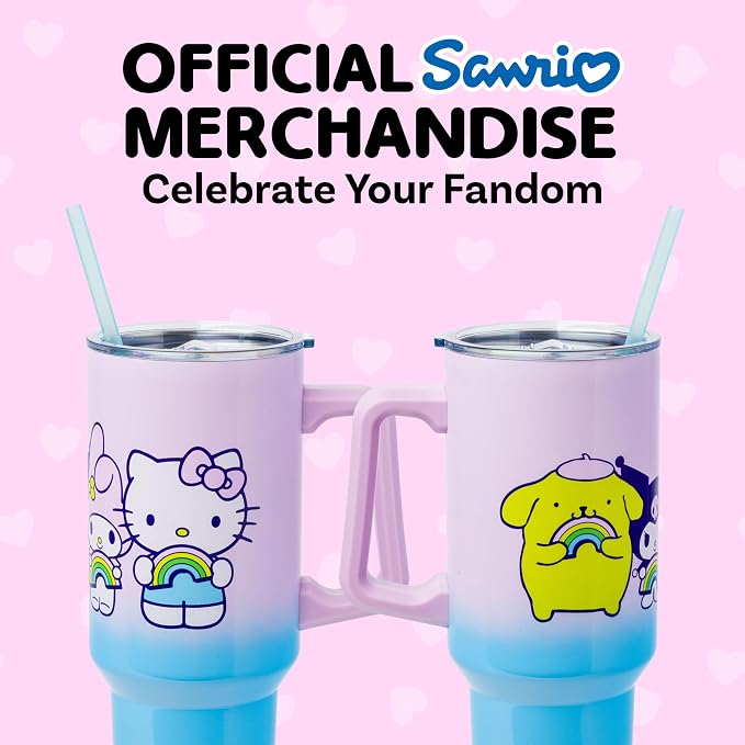 Silver Buffalo Sanrio Hello Kitty and Friends Featuring My Melody, Kuromi, Pompompurin Rainbow Ombre Double Walled Stainless Steel Tumbler with Handle and Straw, Fits in Standard Cup Holder, 40 Ounces - Image 6