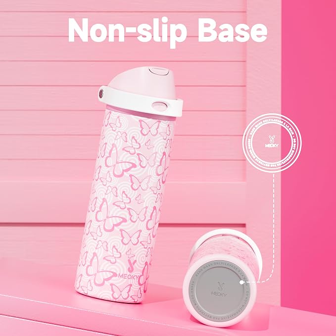 24 oz Insulated Water Bottle with Straw: Meoky Stainless Steel Metal Water Bottle with 2-in-1 Lid - Leak Proof, Cold for 24 Hours, Protective Silicone Base, BPA-Free for Sports Travel Car, Butterfly - Image 7