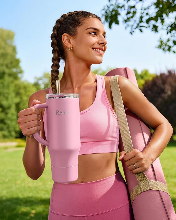 Renoj Insulated Mug 100% Spill Resistant Insulated Water Bottle for Iced Coffee & Hot Drinks - Fits Car Cup Holder, Ideal Gift, 2 Straws & Silicone Boot - FlexSlide Pink 40 oz - Image 6