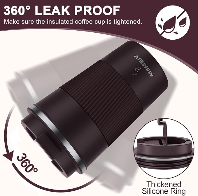 MOMSIV 12oz Travel Mug, Insulated Coffee Cup with Leakproof Lid, Vacuum Stainless Steel Double Walled Reusable Tumbler for Hot and Cold Water Coffee and Tea In Travel and Car (Brown) - Image 5