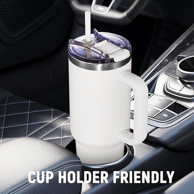40 oz Tumbler with Handle and Straw Lid,Insulated Reusable Stainless Steel Water Bottle Travel Mug，Cupholder Friendly Double Wall Vacuum Sealed Cup (Snow) - Image 5
